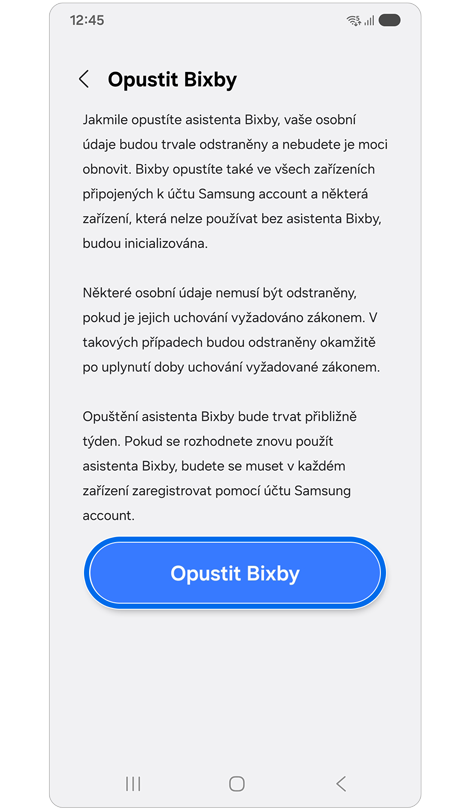 Opustit stránku nastavení Bixby s upozorněním na opuštění Bixby.