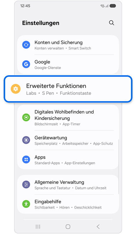 Startbildschirm „Einstellungen“