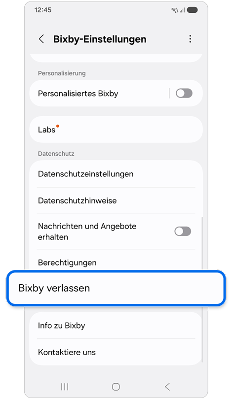 Startbildschirm der Bixby-Einstellungen