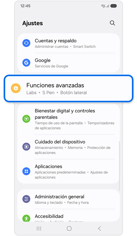 Pantalla de inicio de ajustes.