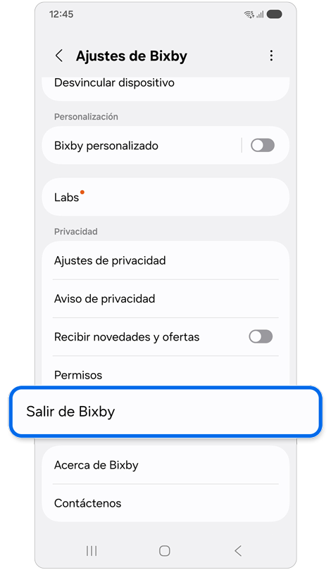 Pantalla de ajustes de inicio de Bixby