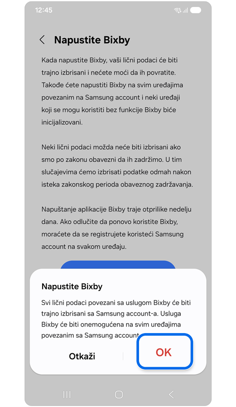 Napustite Bixby podešavanja sa iskačućim prozorom sa potvrdom napuštanja Bixby.