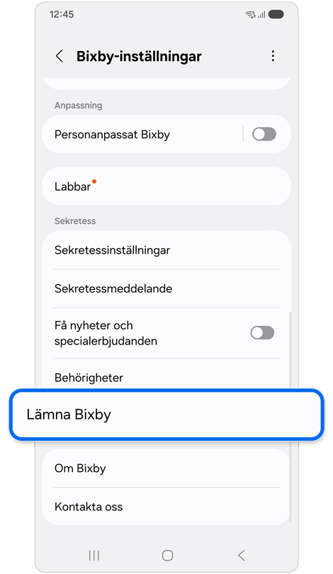 Inställningsskärm för Bixby-hem