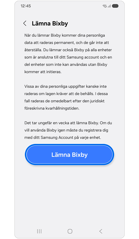 Lämna Bixby-inställningssidan med ansvarsfriskrivning för att lämna Bixby.