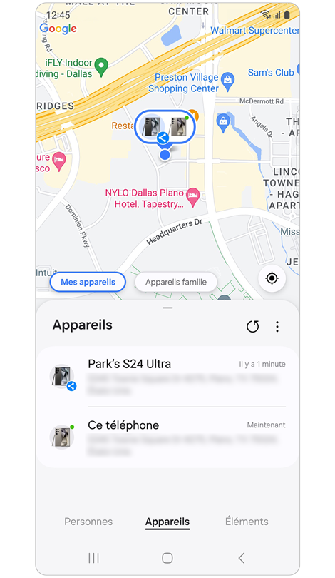 Écran de l’onglet Appareils de Samsung Find