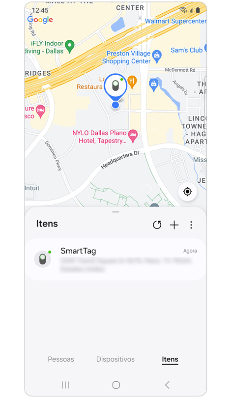 Ecrã do separador Itens na aplicação Samsung Find