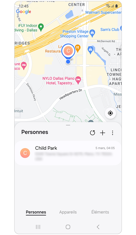 Écran de l’onglet Personnes de Samsung Find