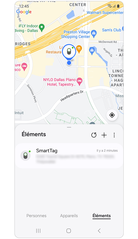 Écran de l’onglet Éléments de Samsung Find