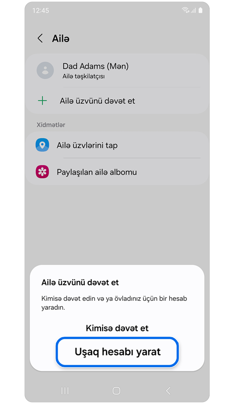 Ailə üzvlərini qrupa dəvət etmək üçün açılan pəncərə