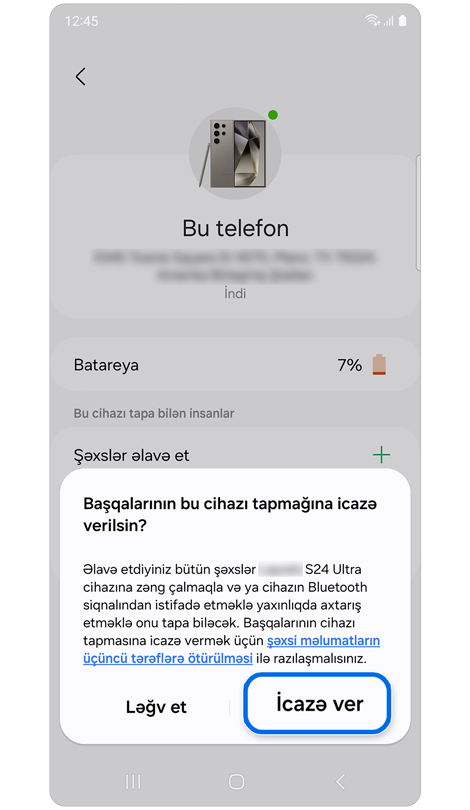 Başqalarının seçilmiş cihazı tapmasına icazə vermək üçün açılan pəncərə.