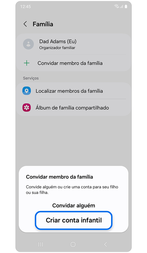 Janela pop-up para convidar membros da família para o grupo