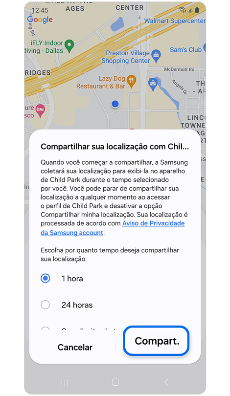 Opções de duração para compartilhar a localização do seu filho