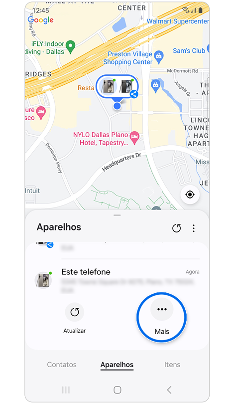 Mapa mostrando a localização do dispositivo selecionado.