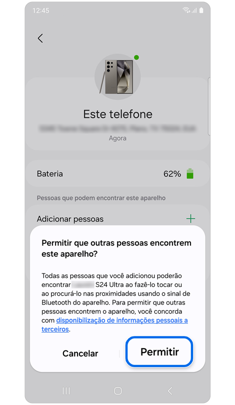 Janela pop-up para permitir que outros encontrem o dispositivo selecionado.