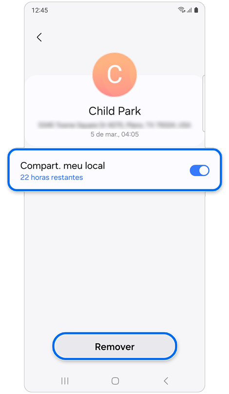 Opções para parar de compartilhar sua localização com um contato específico ou removê-lo