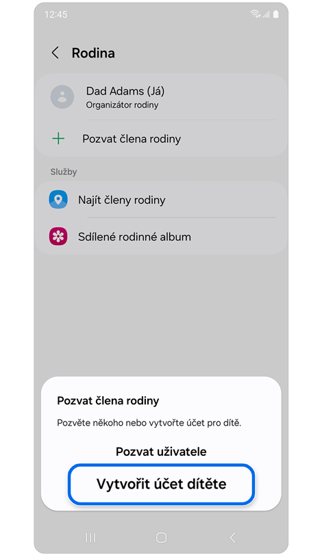 Vyskakovací okno pro pozvání členů rodiny do skupiny