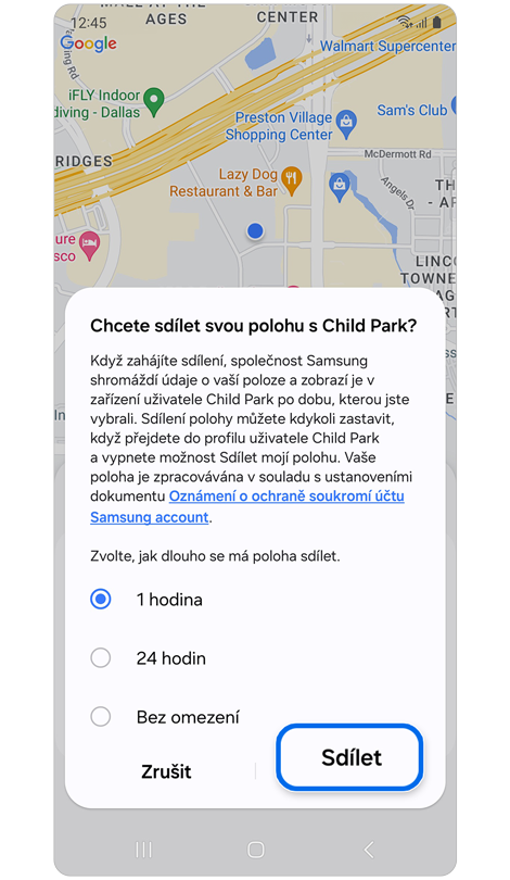 Možnosti trvání sdílení polohy vašeho dítěte
