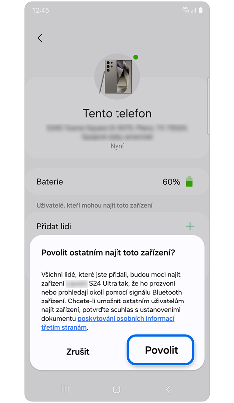 Vyskakovací okno umožňující ostatním najít vybrané zařízení.