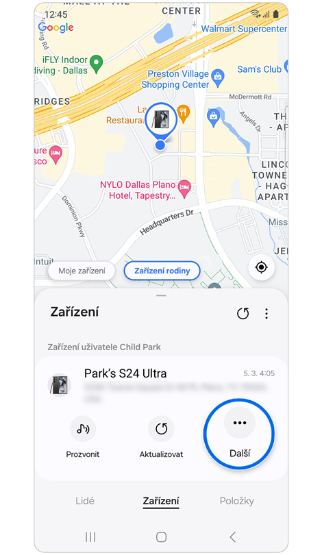 Záložka Zařízení Samsung Find