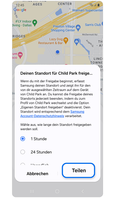 Optionen für die Dauer der Standortfreigabe deines Kindes