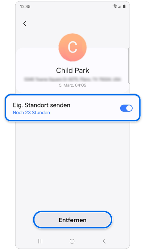 Optionen, um das Teilen deines Standorts mit einer bestimmten Person zu beenden oder die Person zu entfernen