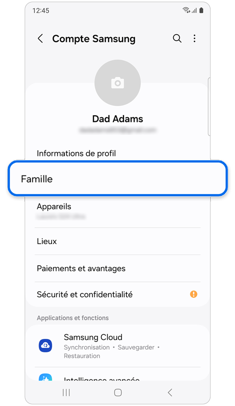 Écran d'accueil du compte Samsung sur un appareil Samsung Galaxy