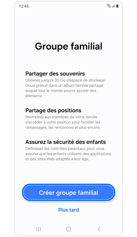 Écran d'accueil de la création d’un groupe familial