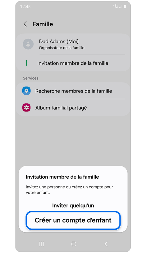 Écran de création d’un groupe familial