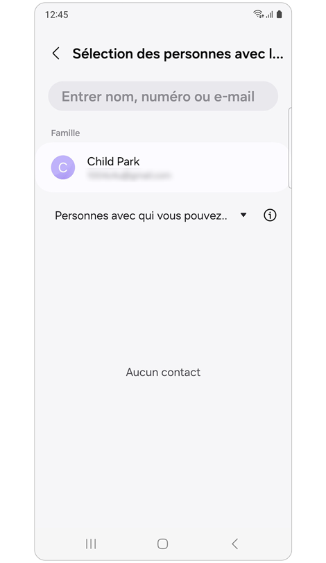 Écran de la liste de partage de localisation de Samsung Find