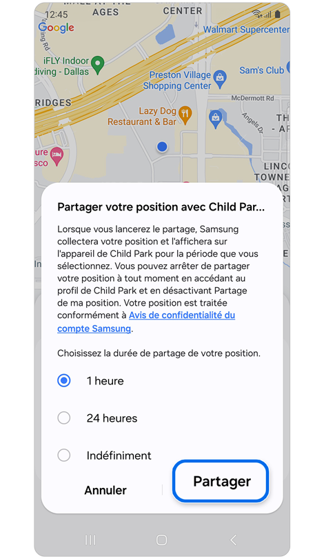 Écran de sélection de la durée de partage de la localisation de votre enfant