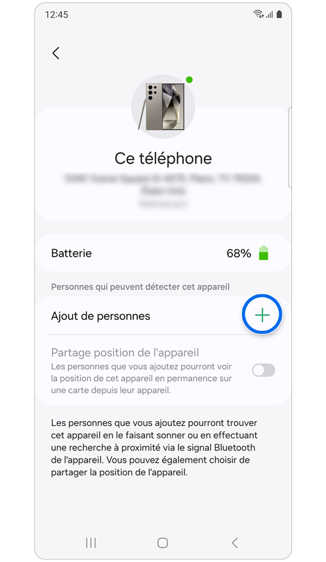 Écran des options supplémentaires de l’onglet « Appareils » de Samsung Find