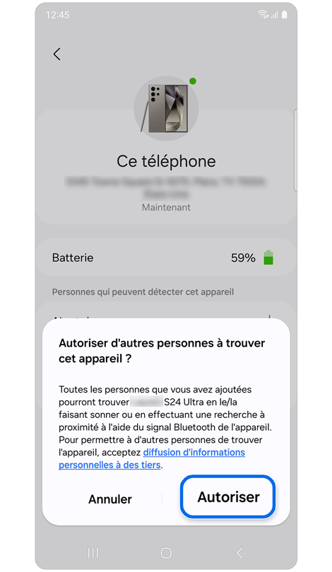Écran des options supplémentaires de l’onglet « Appareils » de Samsung Find