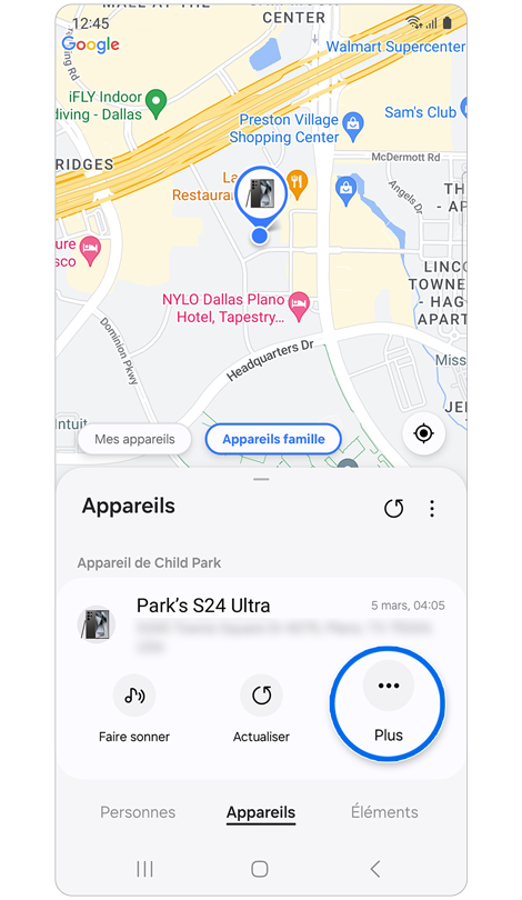 Écran de l’onglet « Appareils » de Samsung Find