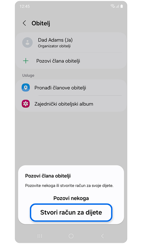 Iskačući prozor za pozivanje članova obitelji u grupu