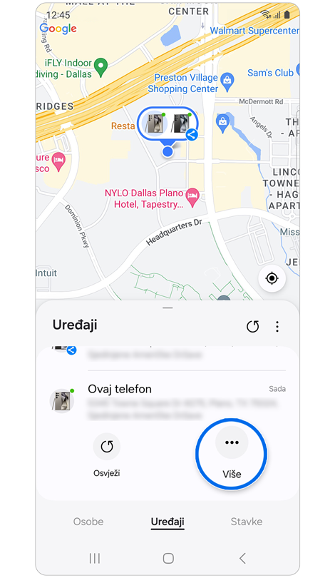 Karta koja prikazuje lokaciju odabranog uređaja.