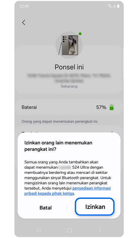 Jendela pop up untuk memungkinkan orang lain menemukan perangkat yang dipilih.