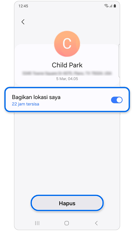 Pilihan untuk menghentikan berbagi lokasi Anda dengan kontak individu atau menghapus mereka
