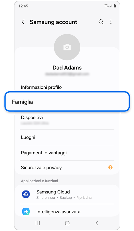 Pagina iniziale di Impostazioni