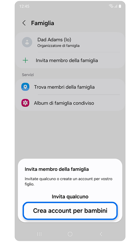 Finestra popup per invitare i membri della famiglia al gruppo