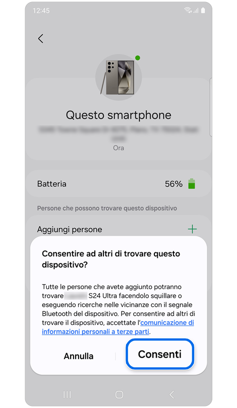 Finestra pop-up per consentire ad altre persone di trovare il dispositivo selezionato.
