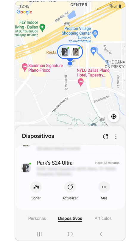 Pestaña Dispositvos en Samsung Find