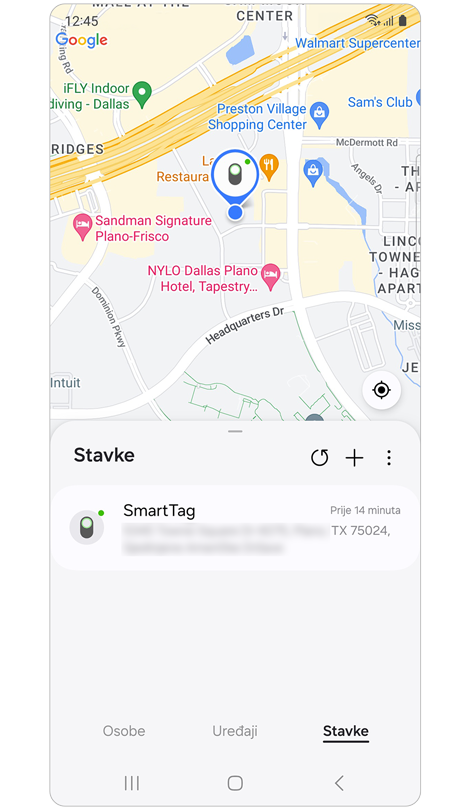 Popis uređaja u kartici  Stavke na Samsung Find.