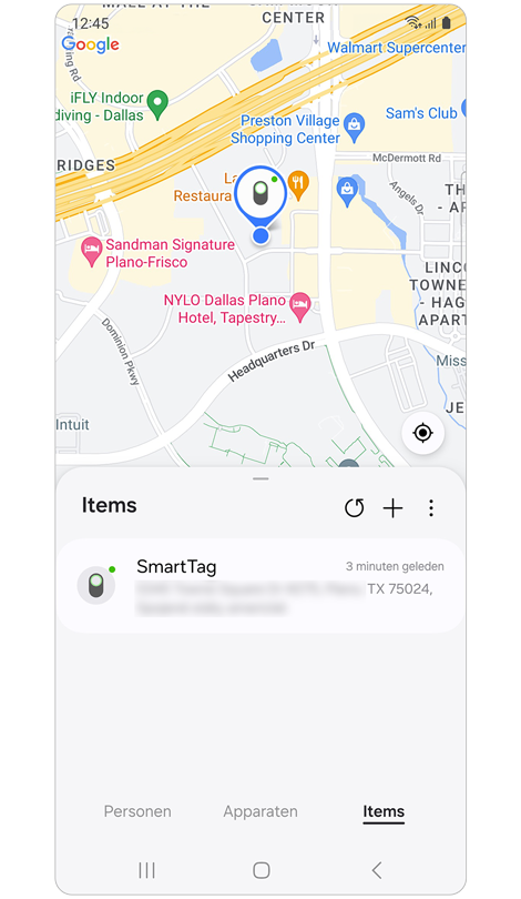 Lijst van apparaten onder het tabblad Items in  Samsung Zoeken.