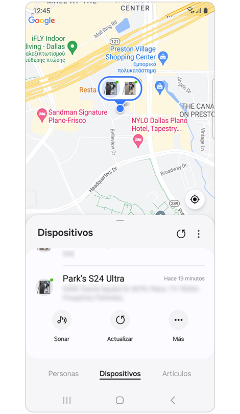 Pestaña Dispositvos en Samsung Find