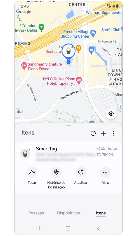 Opções de ação para um dispositivo específico no separador Itens.