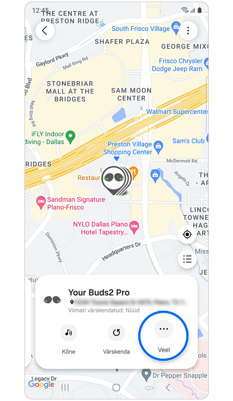 SmartThingsi rakendus Leidmine koos Buds2 Pro kaardiga.