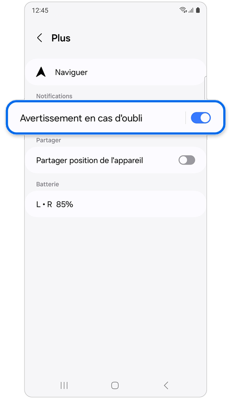 Écran des options supplémentaires pour SmartThings Find