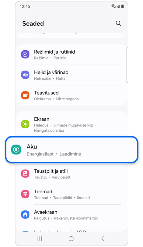 Telefoni seadete avaekraan