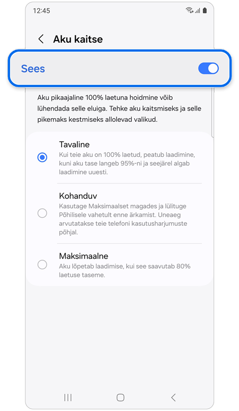 Aku kaitse ekraan, kus on kuvatud kaitsevalikud