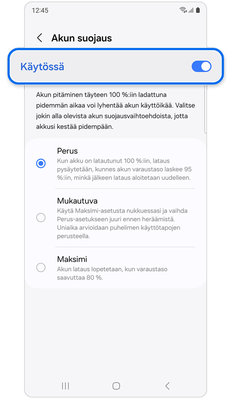 Akun suojaus -näyttö, joka näyttää suojausasetukset